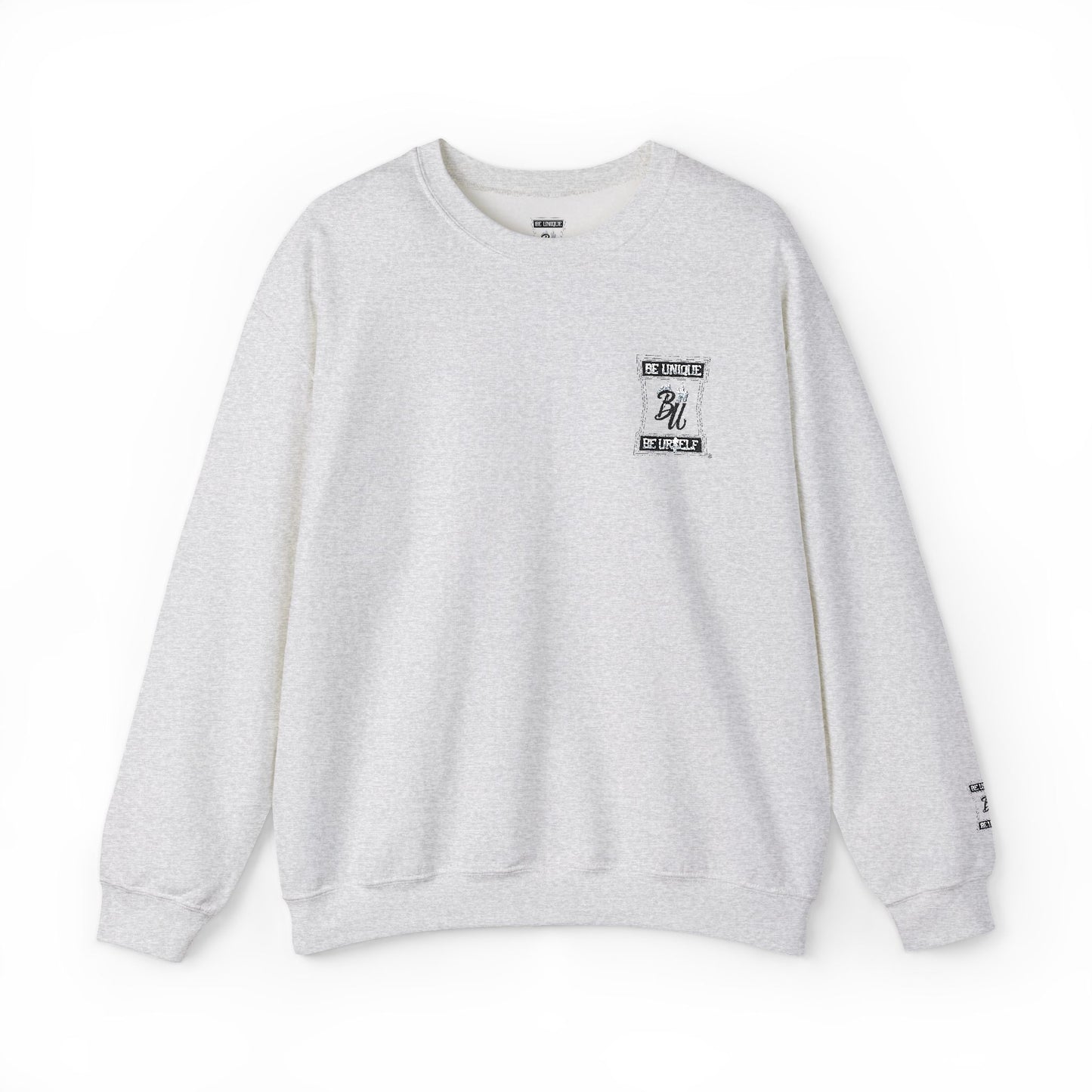 Minimalist White Crewneck Sweatshirt with Small Chest & Sleeve Graphic