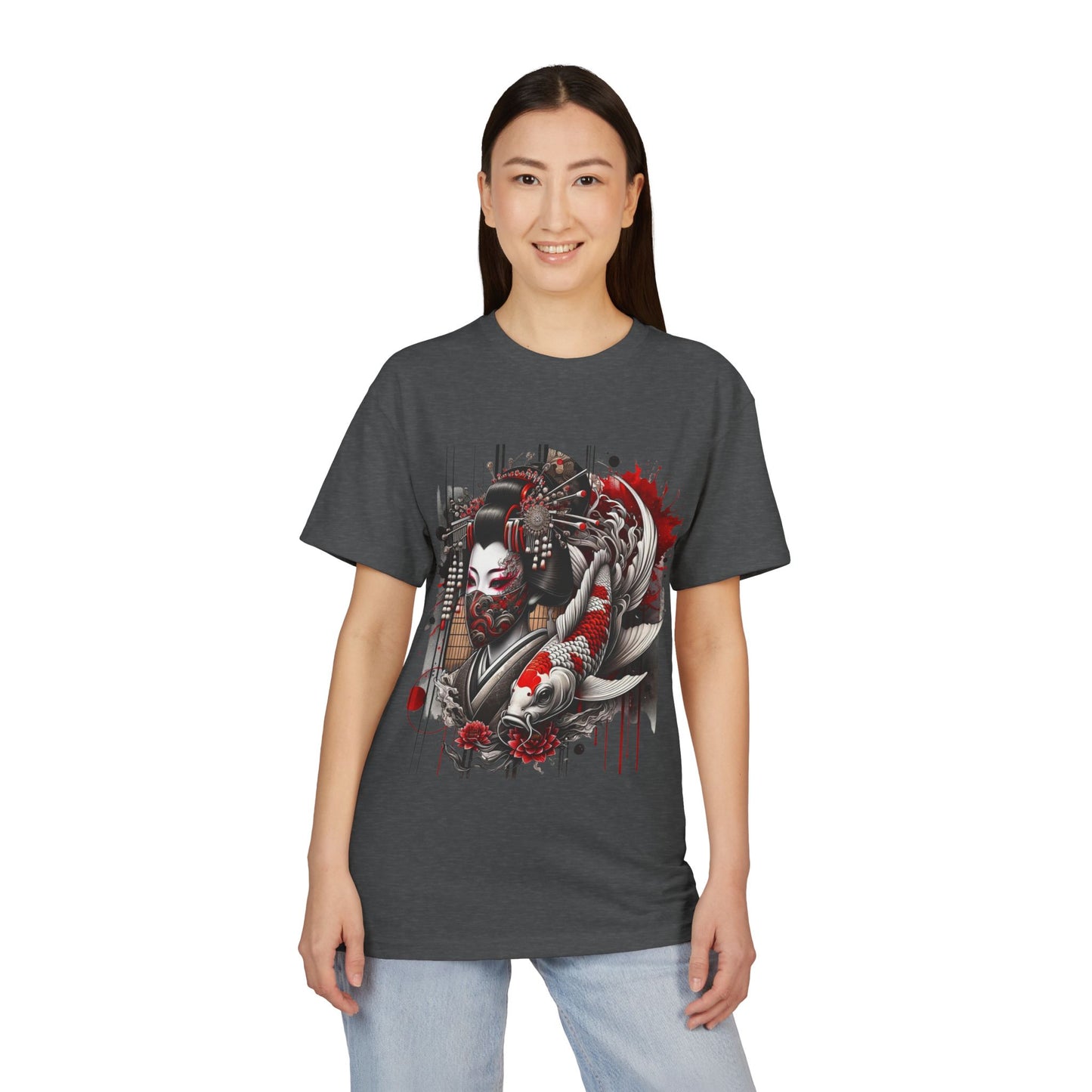 Sueded Graphic Tee, Japanese Art T-Shirt, Koi Fish Design Shirt, Unisex Casual Wear, Unique Gift for Art Lovers