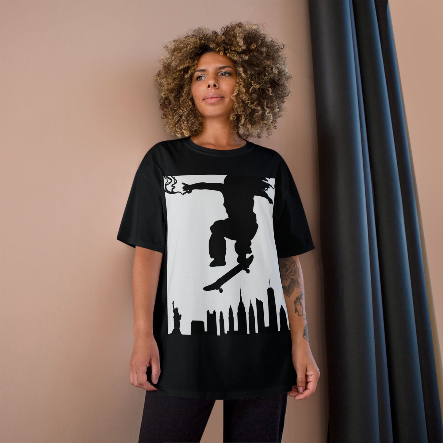 Skateboarder Silhouette T-Shirt — Urban NYC Skyline Skate Tee