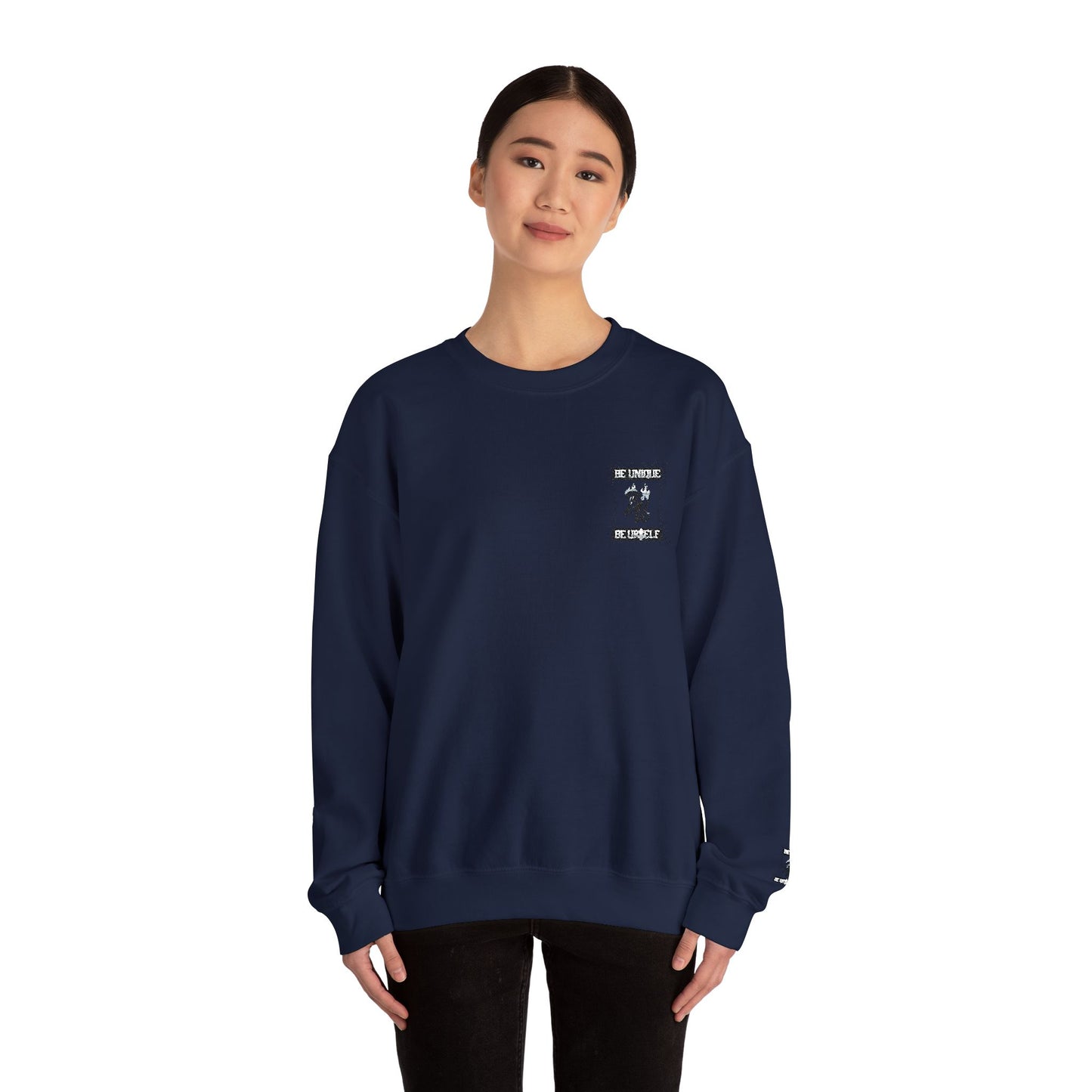 Minimalist White Crewneck Sweatshirt with Small Chest & Sleeve Graphic