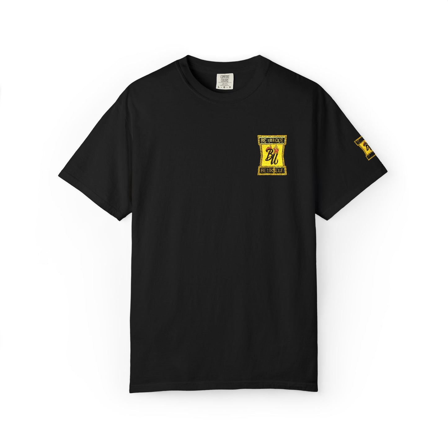 Black T‑Shirt with Yellow Patch Graphic — Distressed Pixel Skull Chest & Sleeve Design