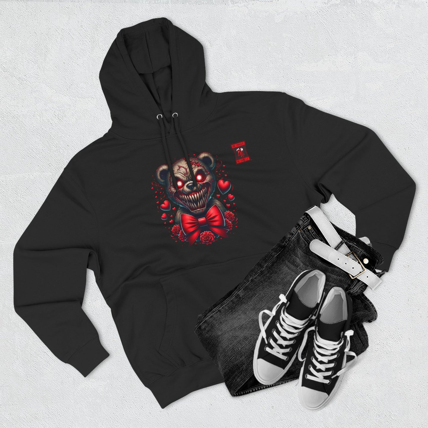 Horror Bear Graphic Hoodie — "Be Unique, Be Urself" Red & Black Fleece Hoodie