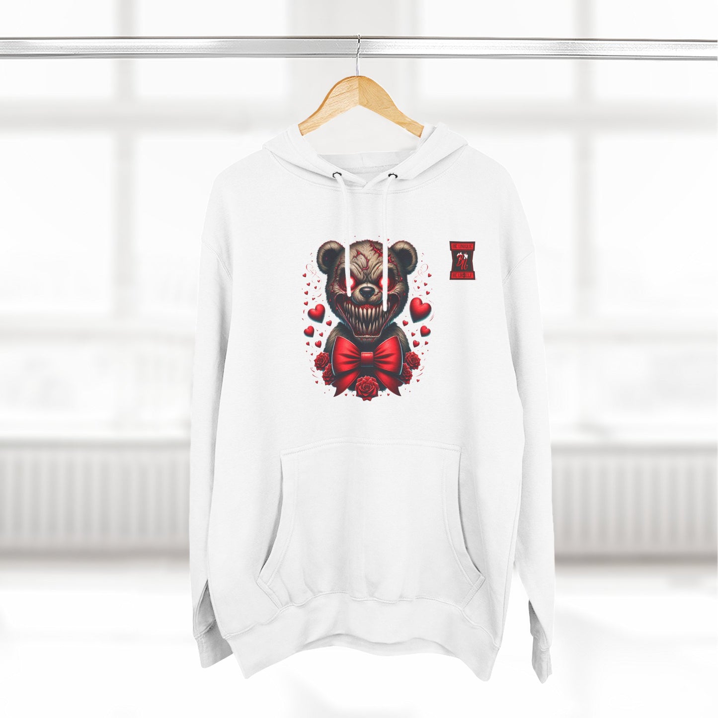 Horror Bear Graphic Hoodie — "Be Unique, Be Urself" Red & Black Fleece Hoodie