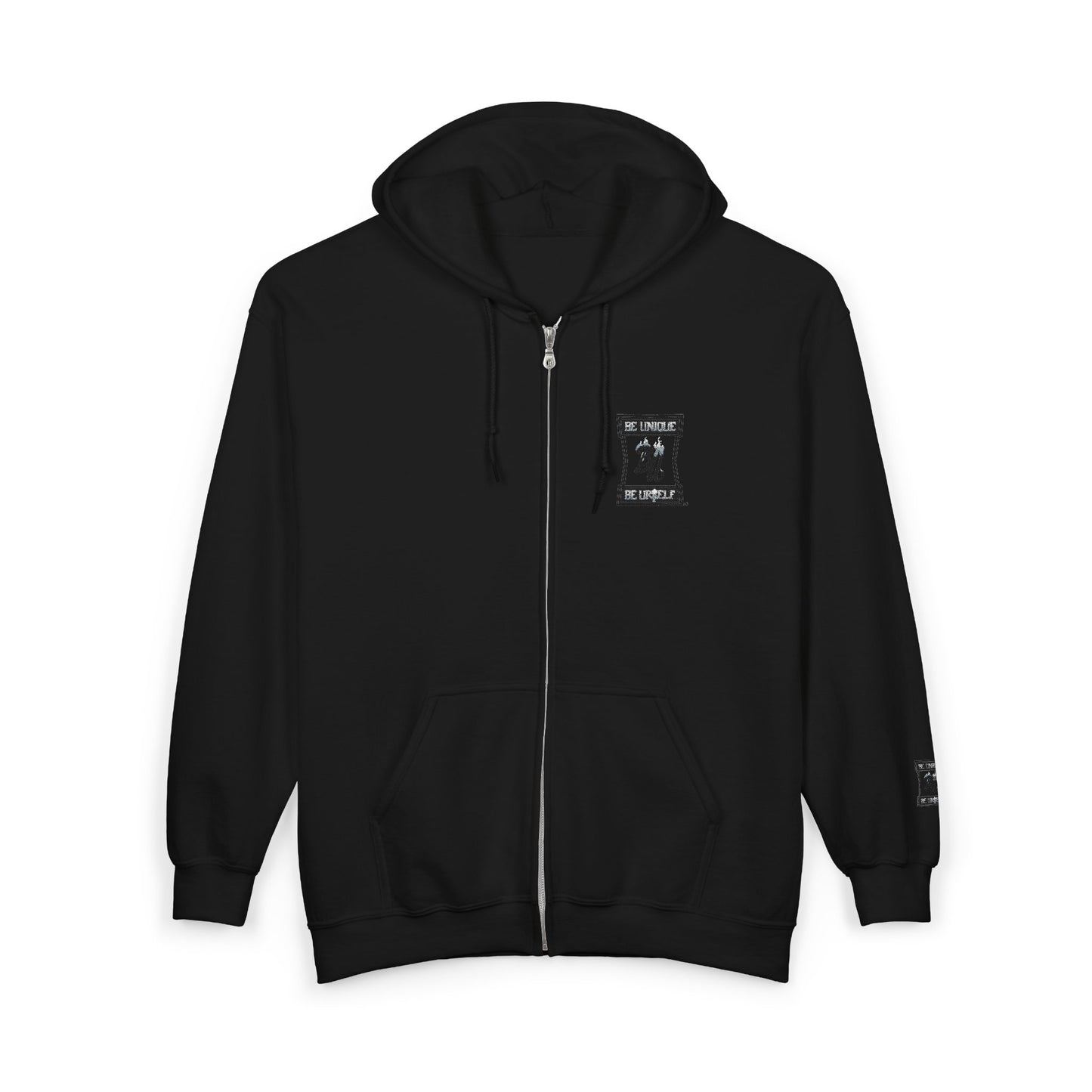 Black Full-Zip Hoodie with Minimalist Motorcycle Club Patch Design