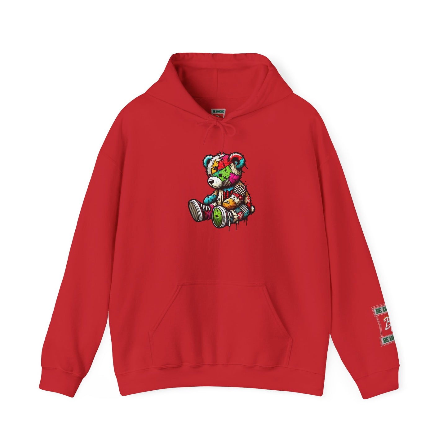 Patchwork Teddy Bear Hoodie — Colorful Grunge Bear Design