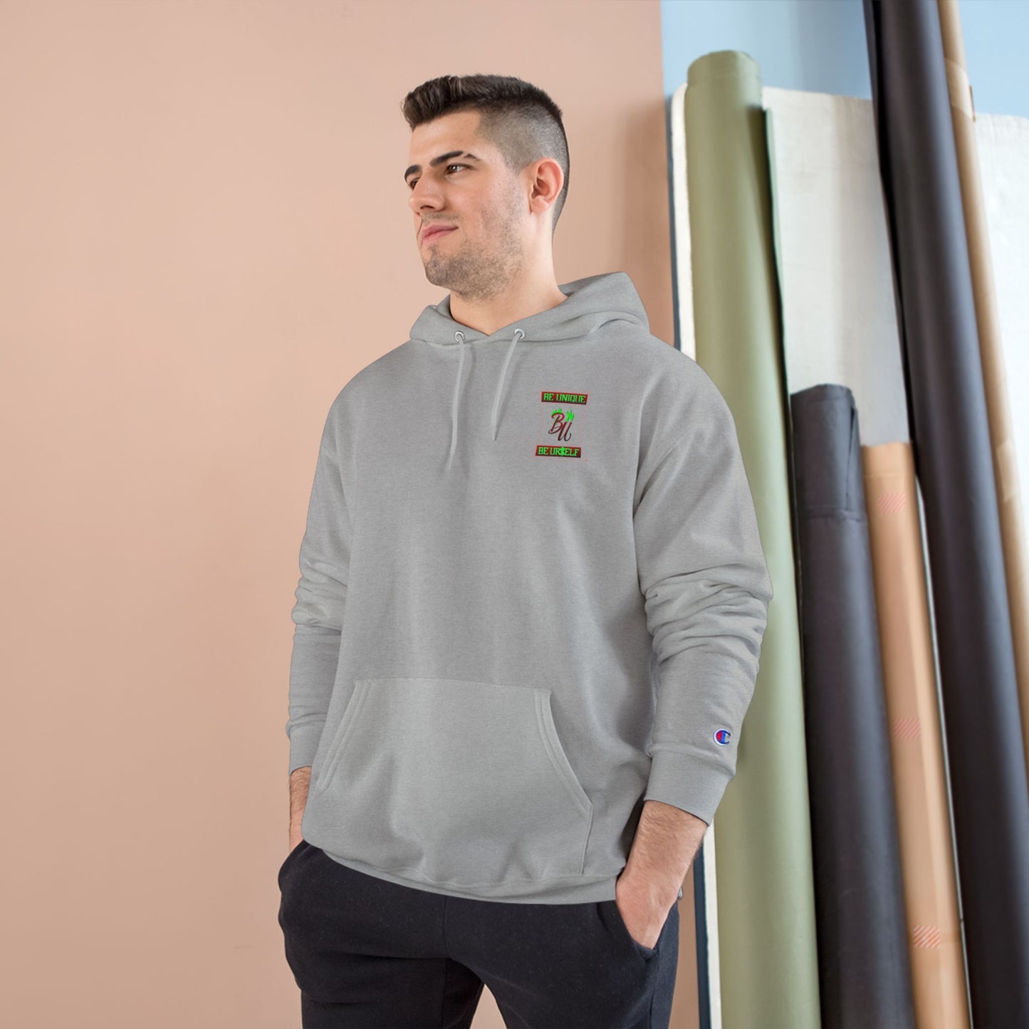 Champion Hoodie — "Be Unique, Be Urself" Graphic Pullover