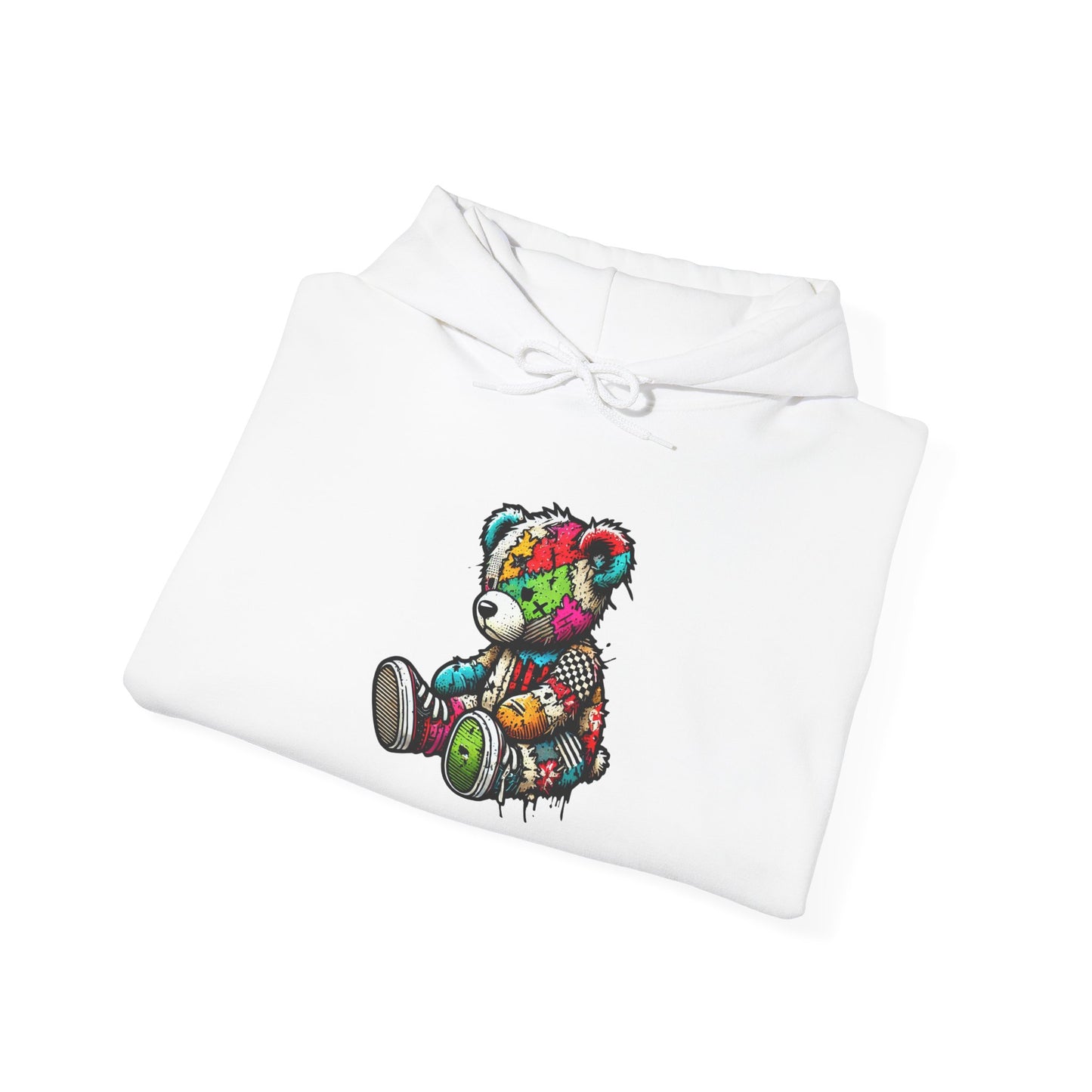 Patchwork Teddy Bear Hoodie — Colorful Grunge Bear Graphic Sweatshirt