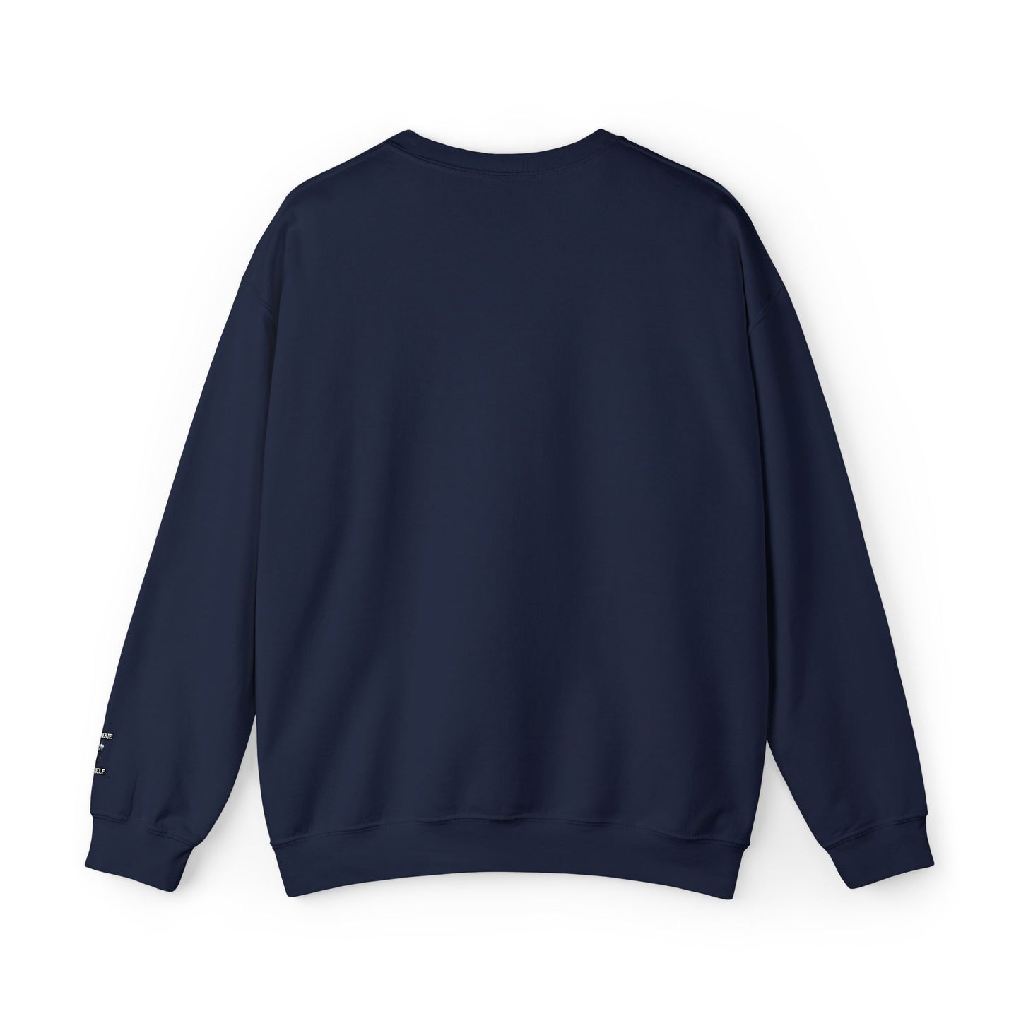 Minimalist White Crewneck Sweatshirt with Small Chest & Sleeve Graphic