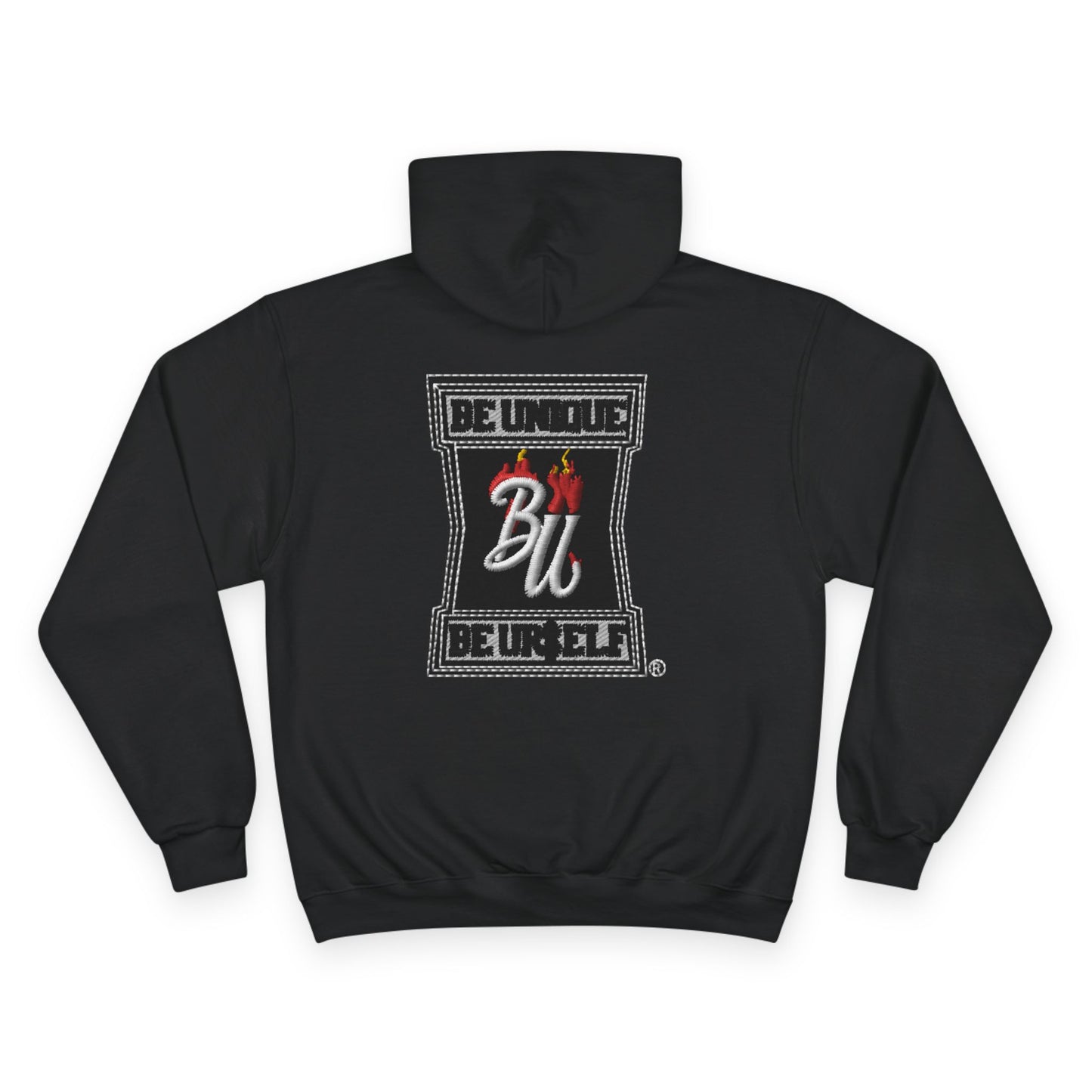 Champion Hoodie — Minimal Tic-Tac-Toe Heart Front & "Be Unique Be Urself" Graphic Back