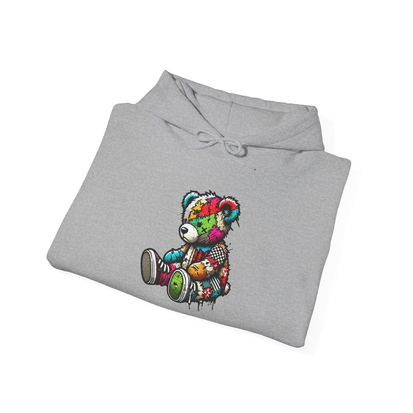 Patchwork Teddy Bear Hoodie — Colorful Grunge Bear Graphic Sweatshirt