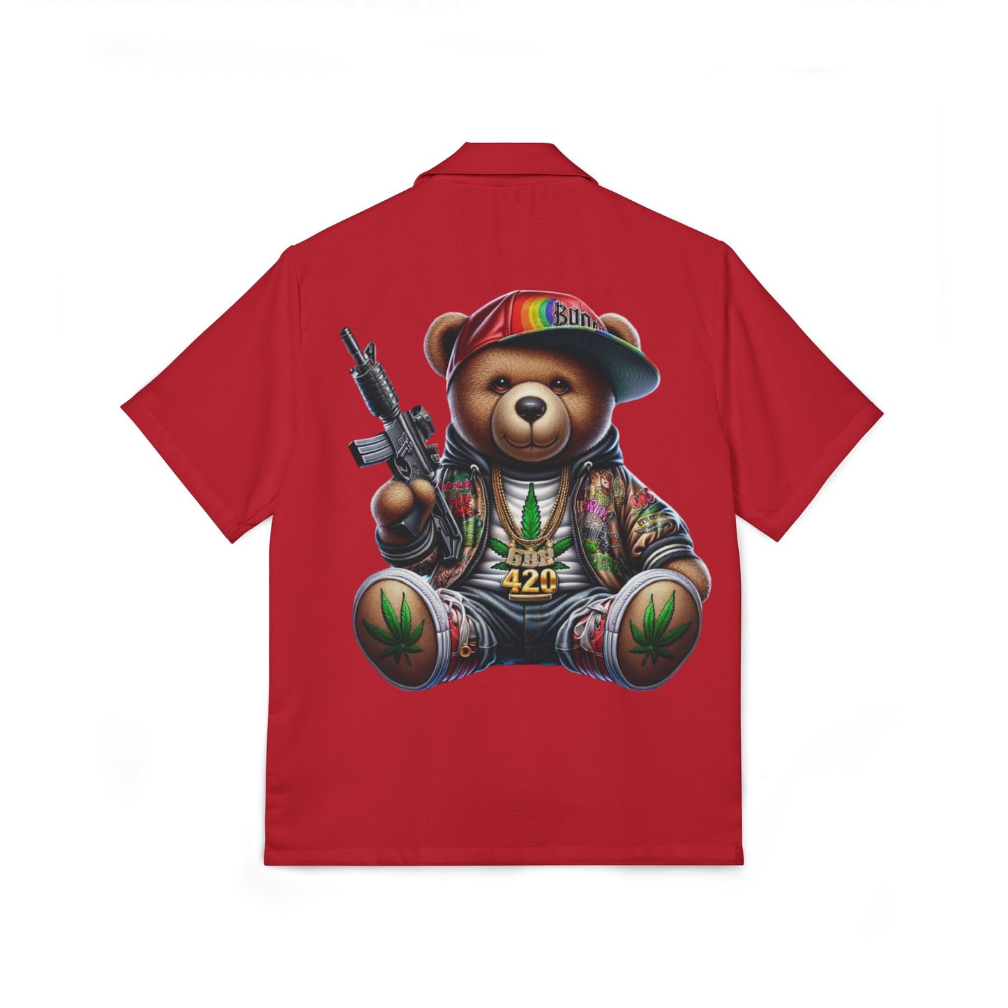 Red Hawaiian Camp Shirt with Graphic Bear Design, Summer Vibes, Casual Beach Wear, Gift for Him, Vacation Style, Streetwear Fashion