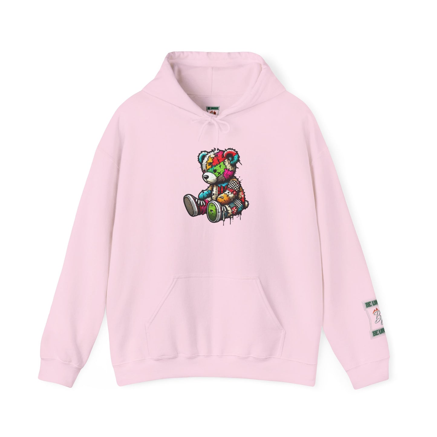 Patchwork Teddy Bear Hoodie — Colorful Grunge Bear Graphic Sweatshirt