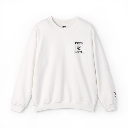 Minimalist White Crewneck Sweatshirt with Small Chest & Sleeve Graphic
