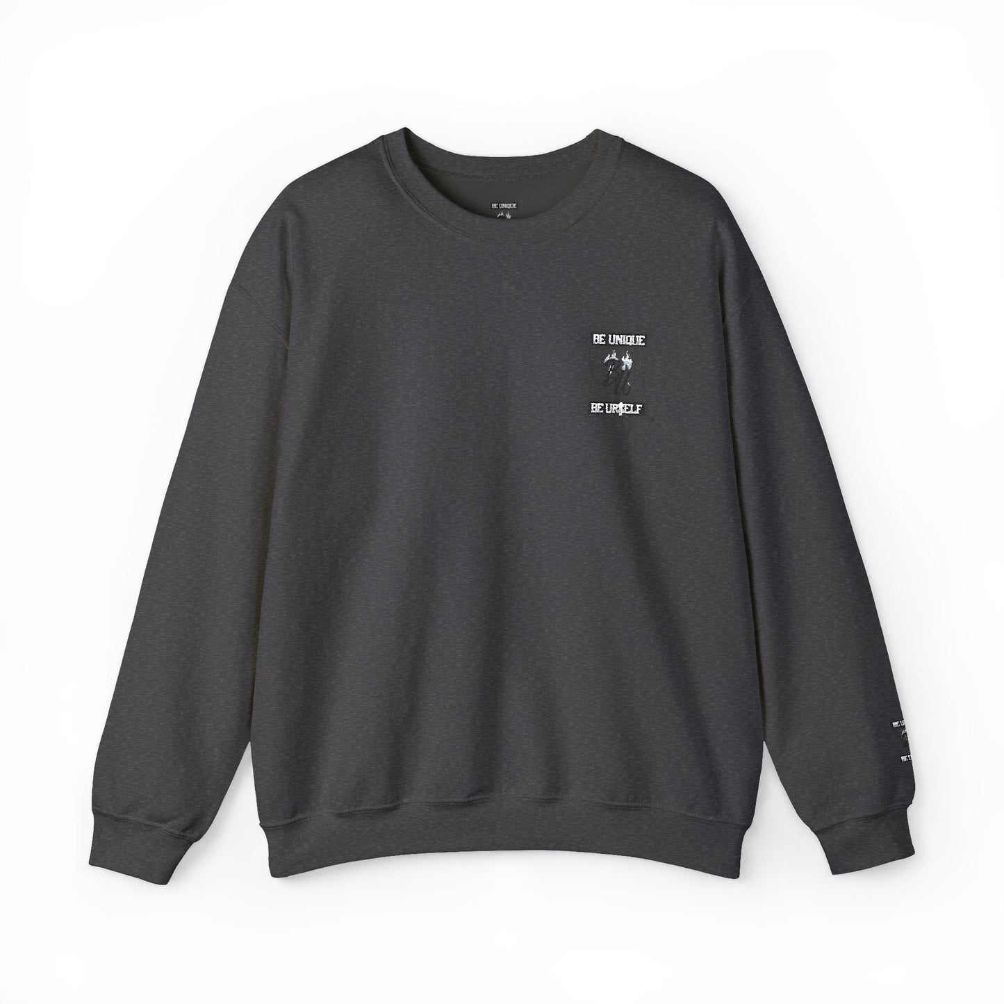 Minimalist White Crewneck Sweatshirt with Small Chest & Sleeve Graphic