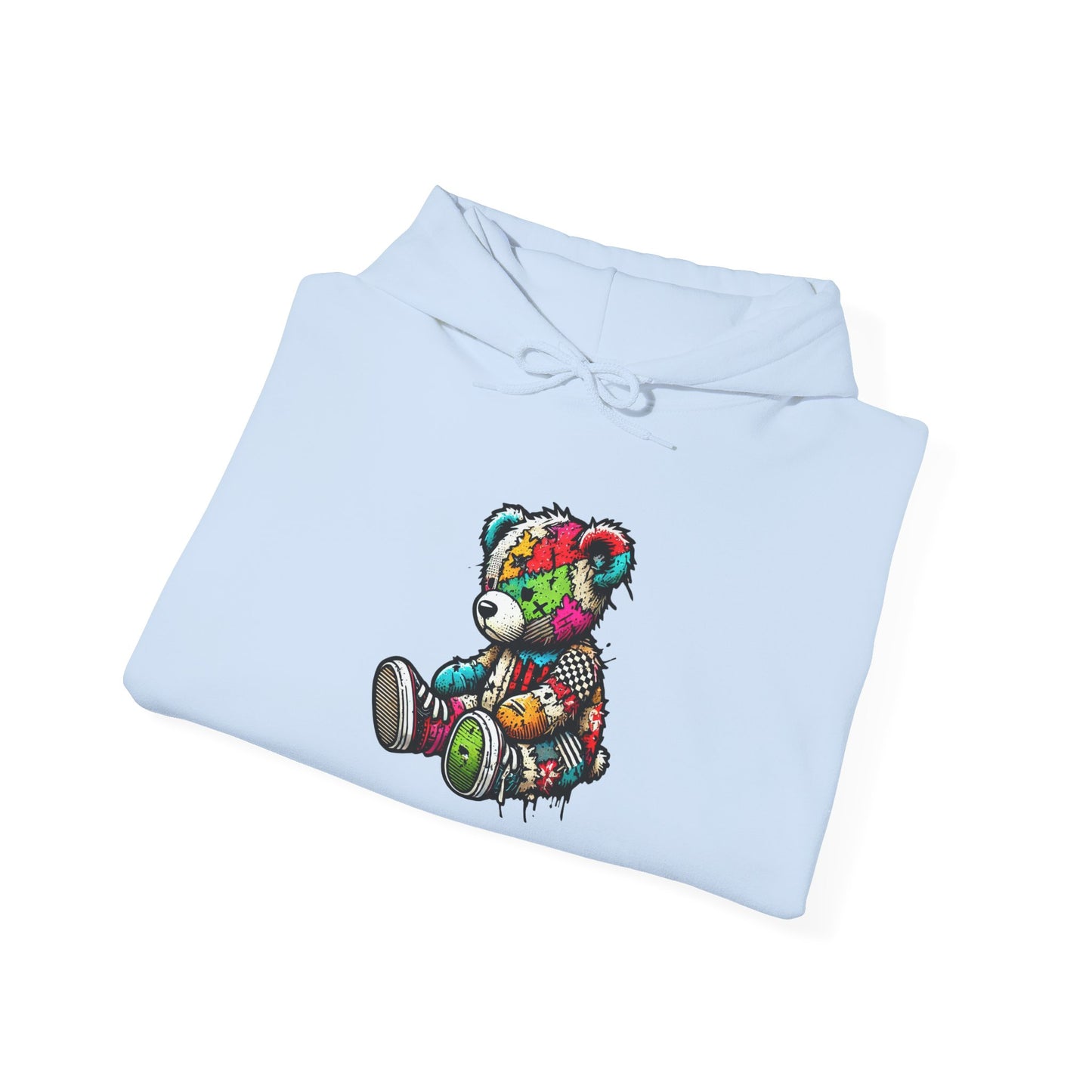 Patchwork Teddy Bear Hoodie — Colorful Grunge Bear Design