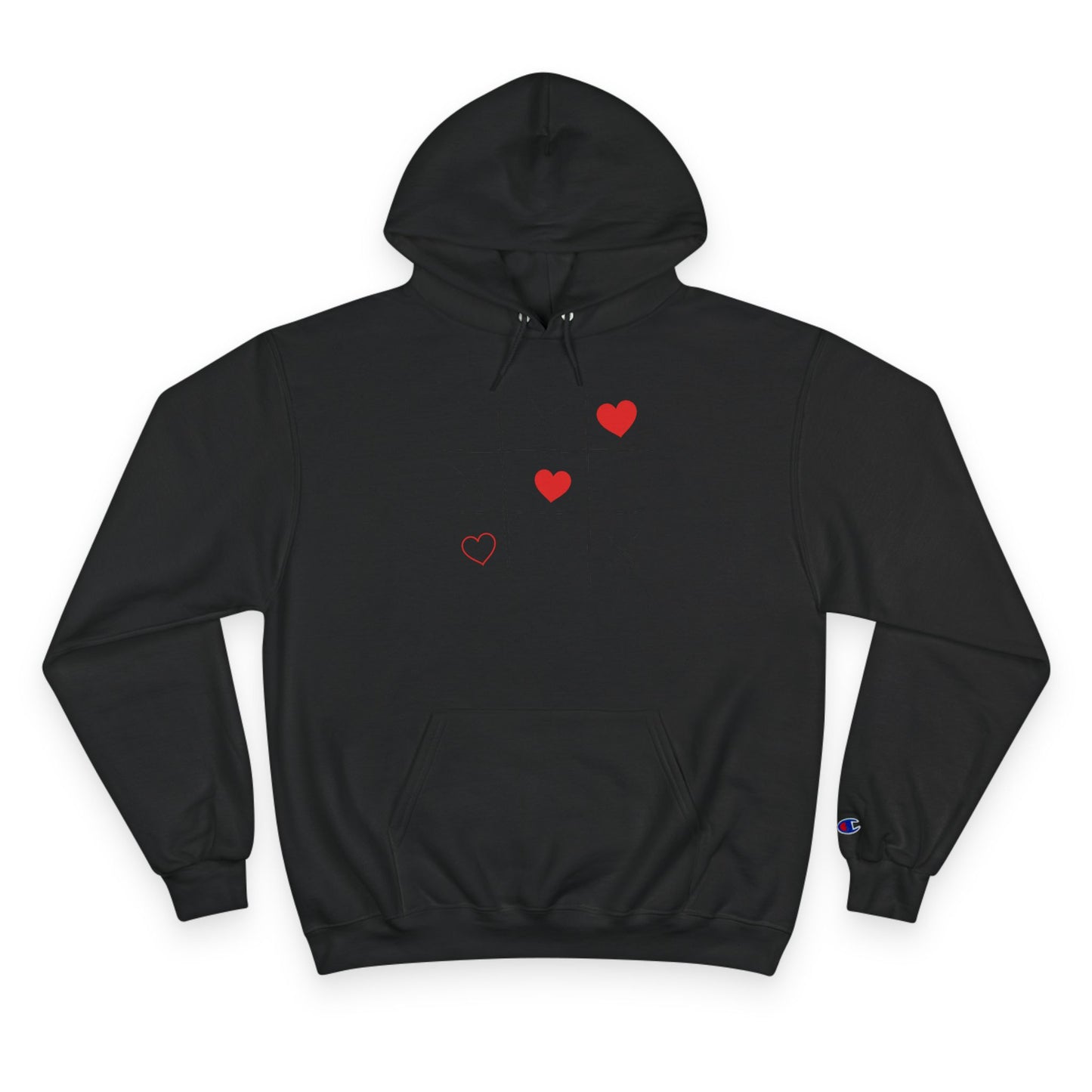 Champion Hoodie — Minimal Tic-Tac-Toe Heart Front & "Be Unique Be Urself" Graphic Back