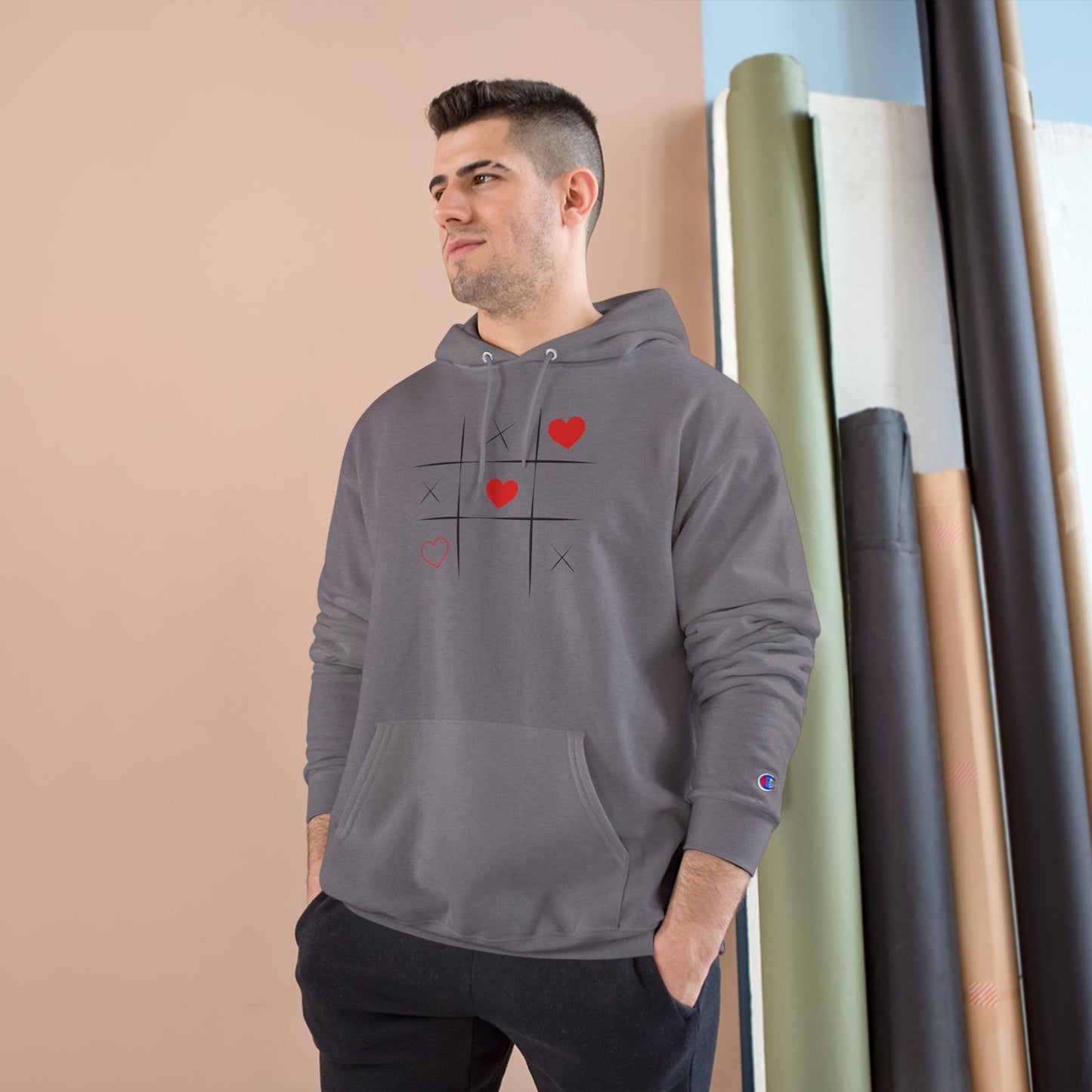 Champion Hoodie — Minimal Tic-Tac-Toe Heart Front & "Be Unique Be Urself" Graphic Back