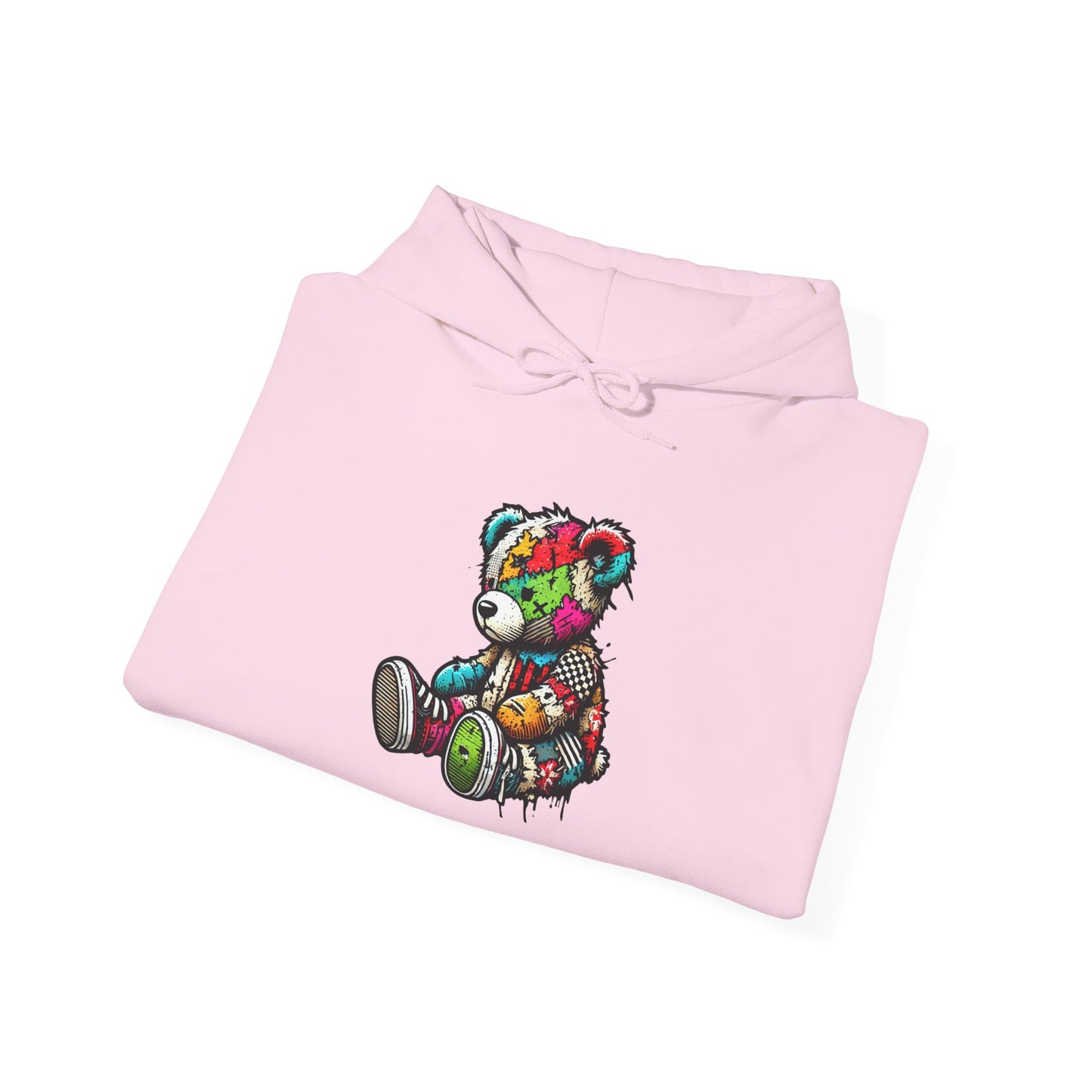 Patchwork Teddy Bear Hoodie — Colorful Grunge Bear Graphic Sweatshirt