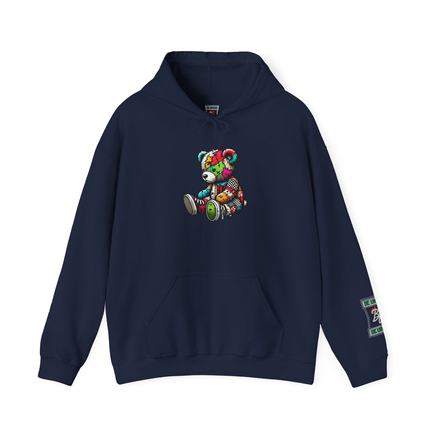 Patchwork Teddy Bear Hoodie — Colorful Grunge Bear Graphic Sweatshirt
