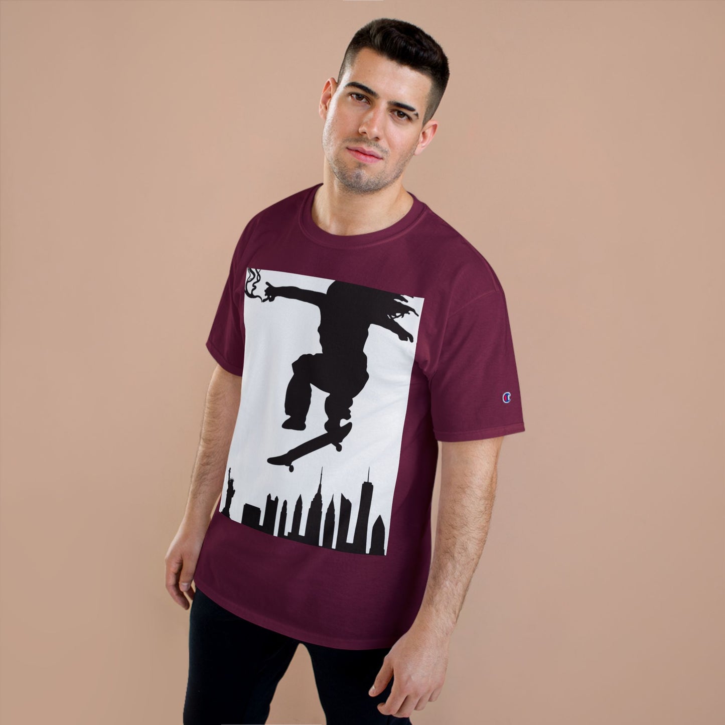 Skateboarder Silhouette T-Shirt — Urban NYC Skyline Skate Tee