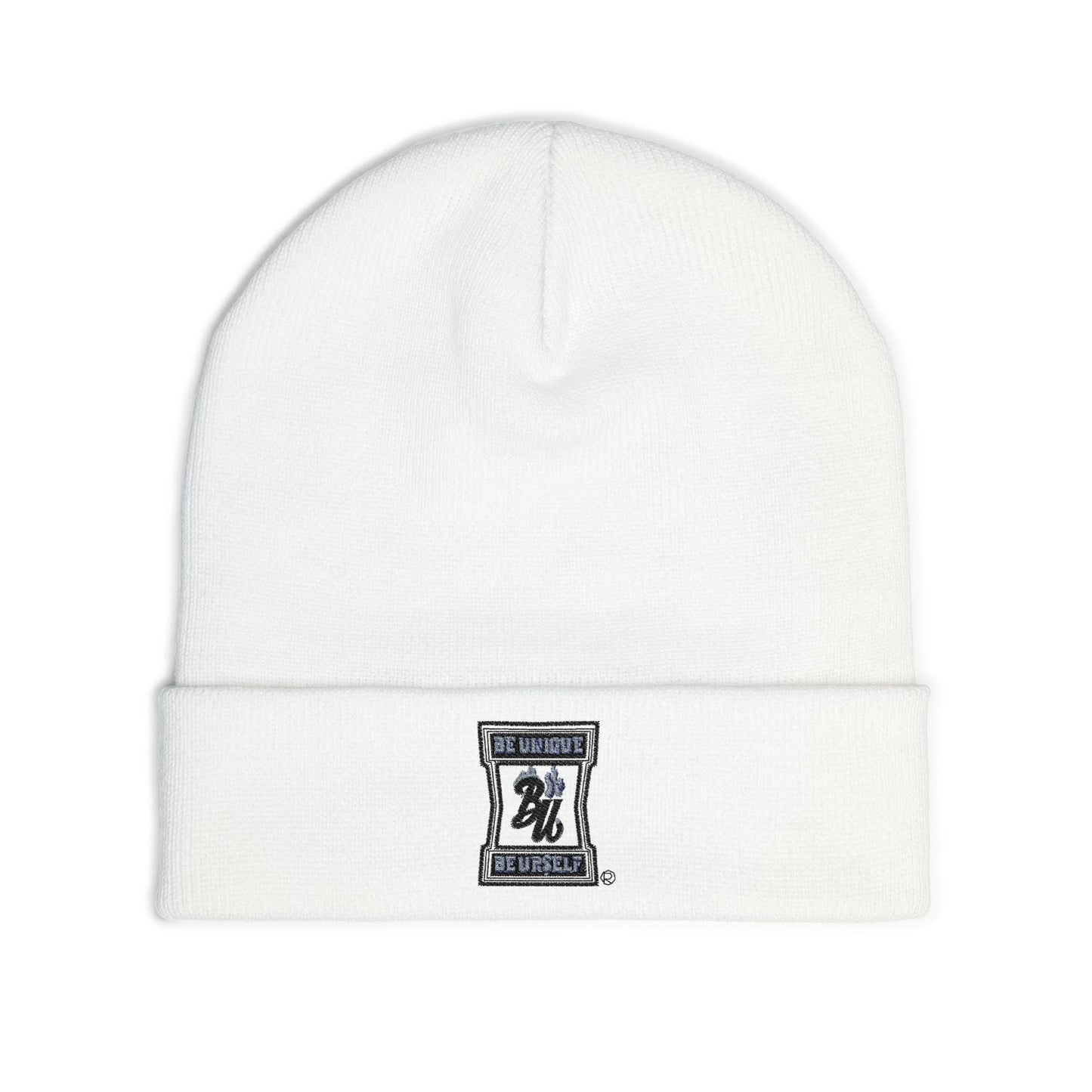 Embroidered Logo Knit Beanie — Minimal Grey Cuffed Winter Hat