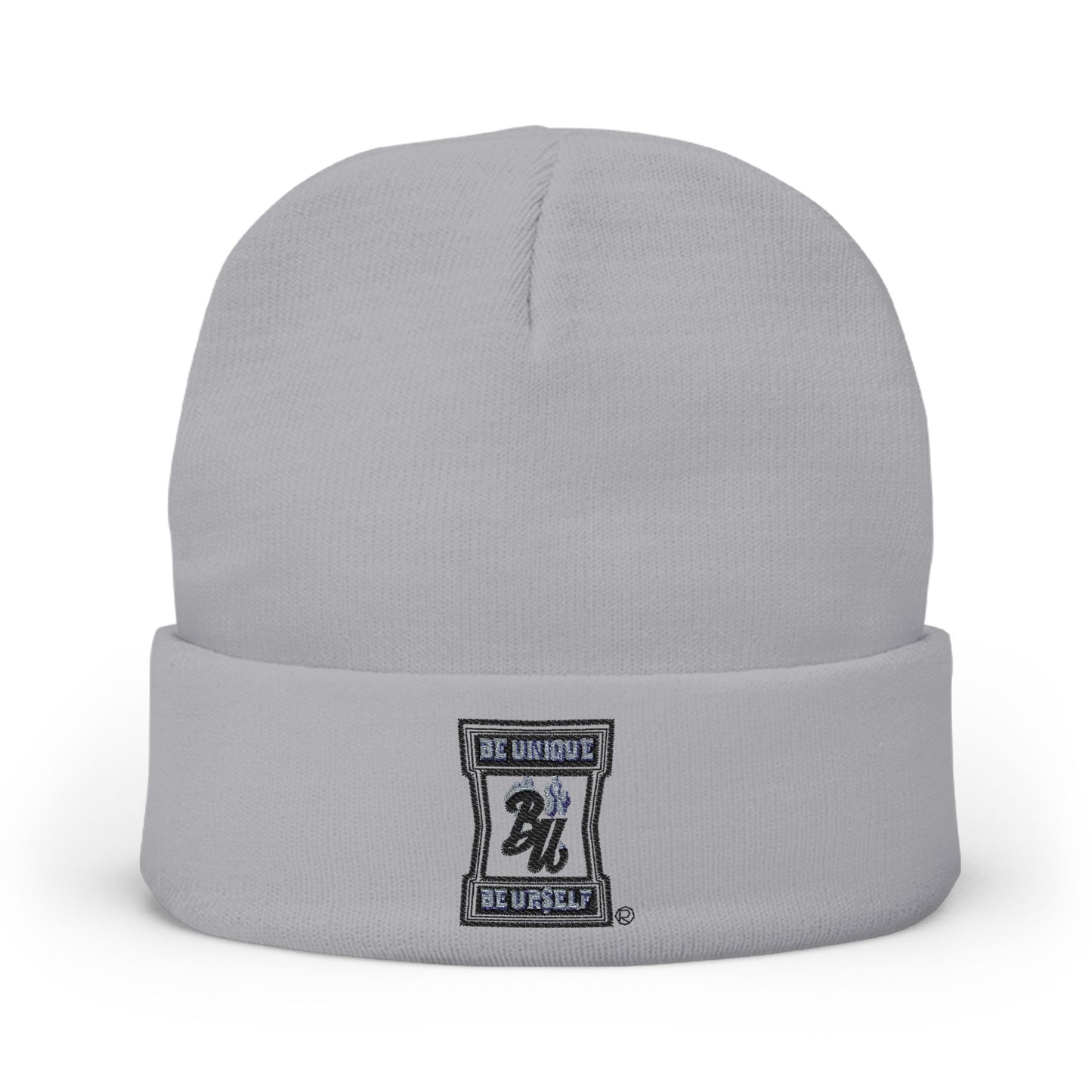 Embroidered Logo Knit Beanie — Minimal Grey Cuffed Winter Hat