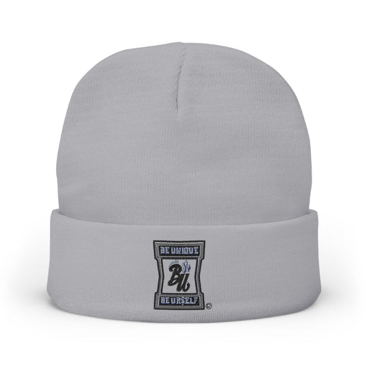 Embroidered Logo Knit Beanie — Minimal Grey Cuffed Winter Hat
