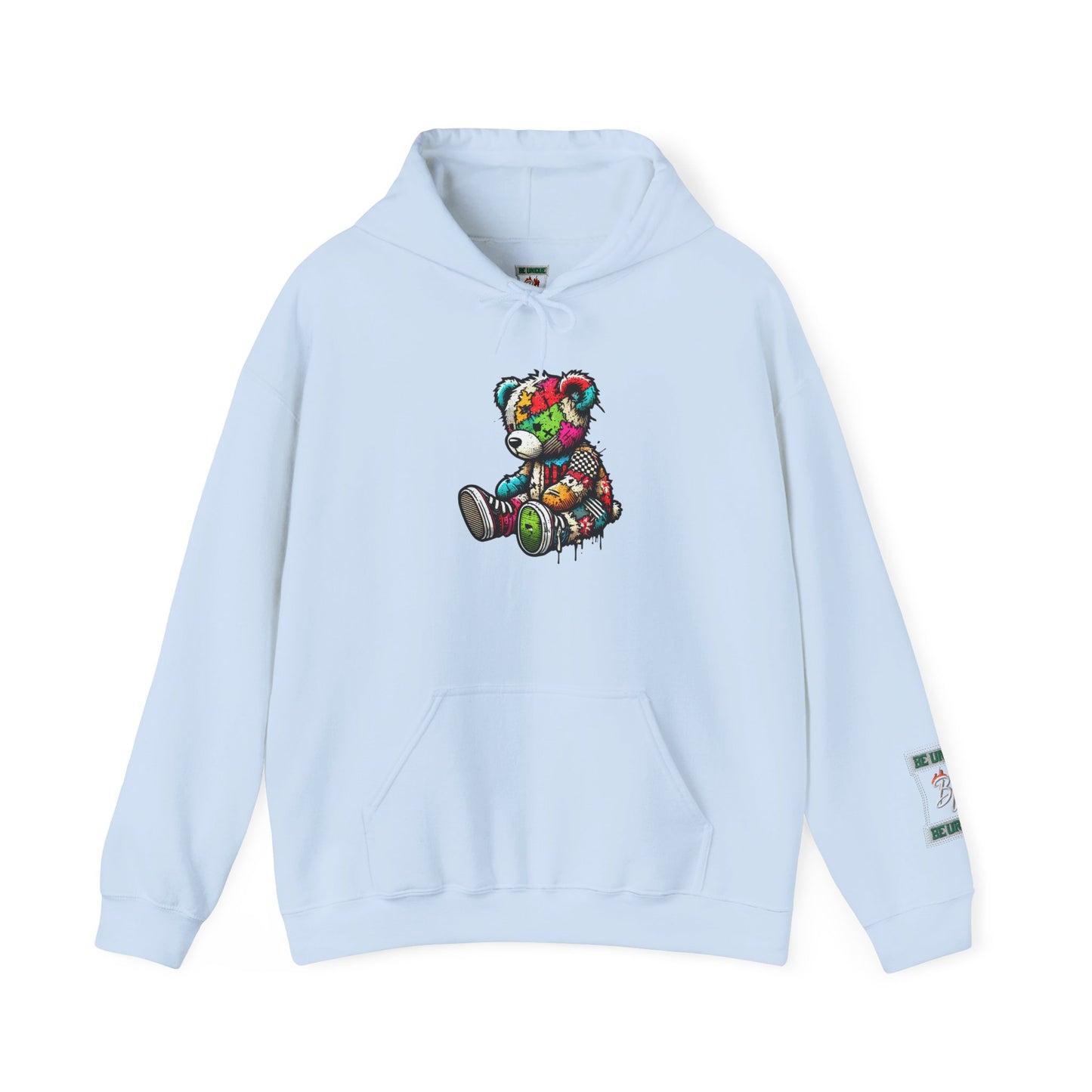 Patchwork Teddy Bear Hoodie — Colorful Grunge Bear Graphic Sweatshirt
