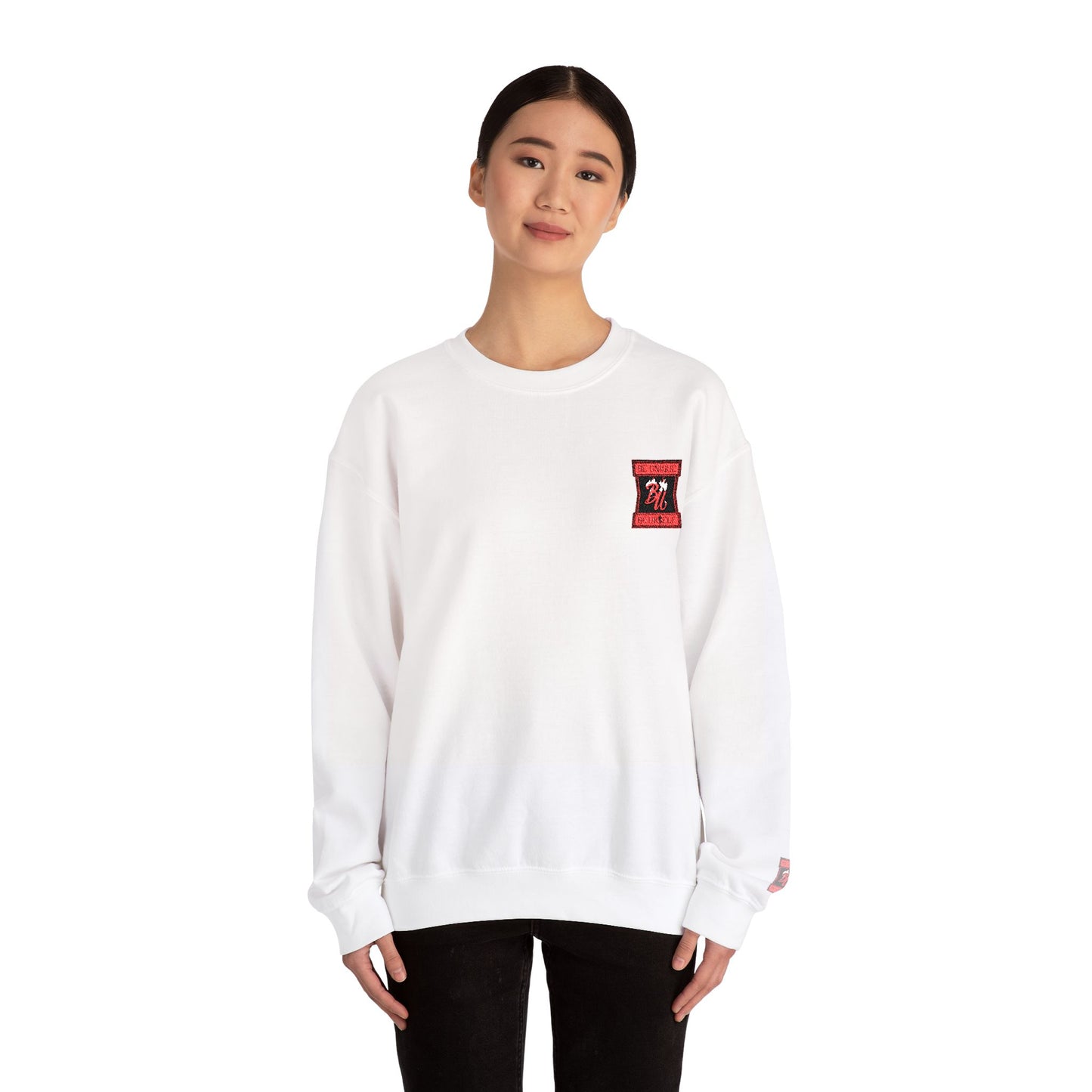Black Crewneck Sweatshirt with Red Floral Skull Patch – Gothic Streetwear