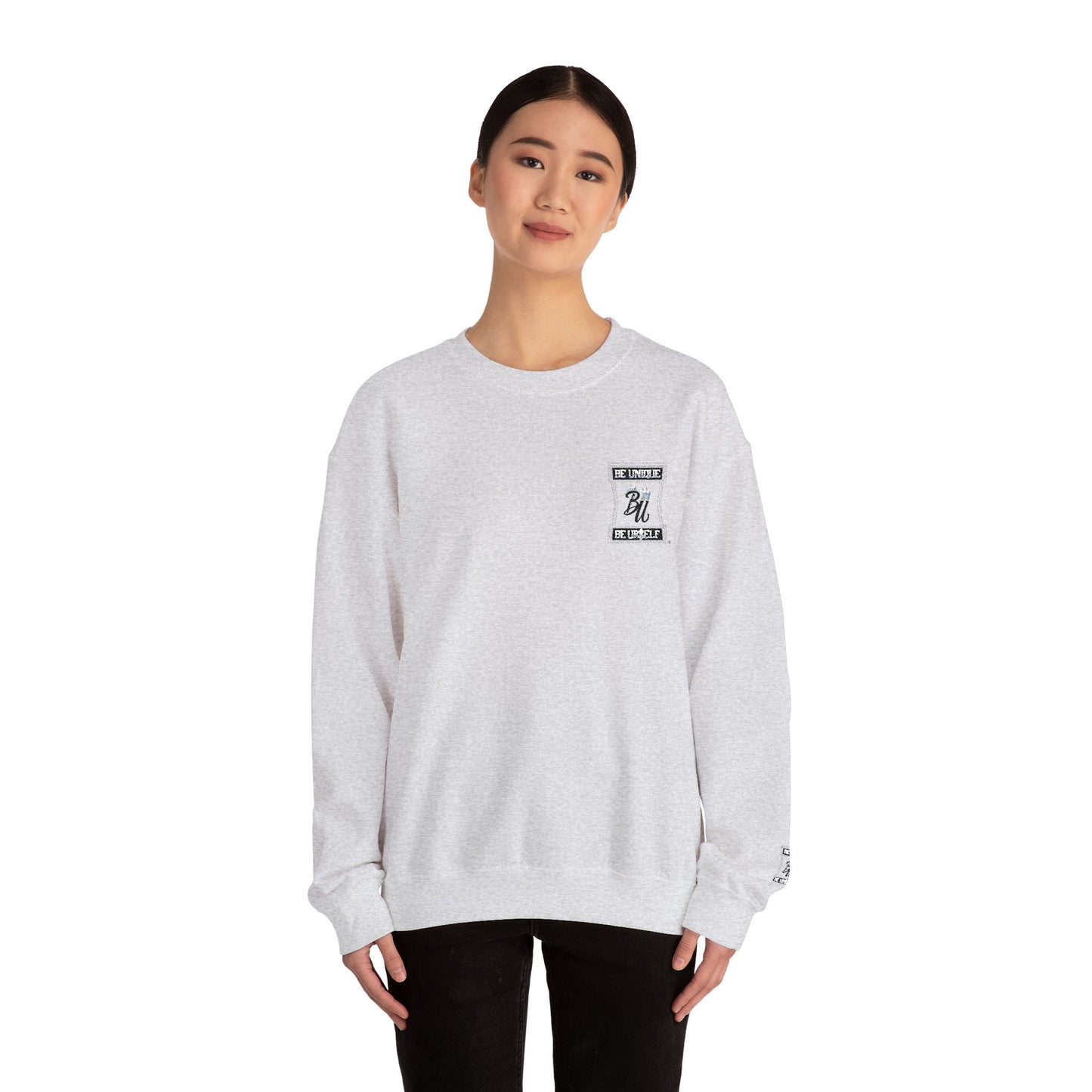 Minimalist White Crewneck Sweatshirt with Small Chest & Sleeve Graphic