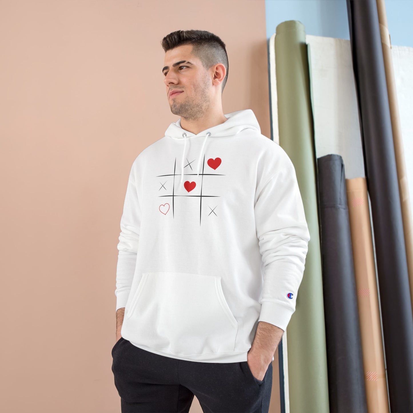 Champion Hoodie — Minimal Tic-Tac-Toe Heart Front & "Be Unique Be Urself" Graphic Back