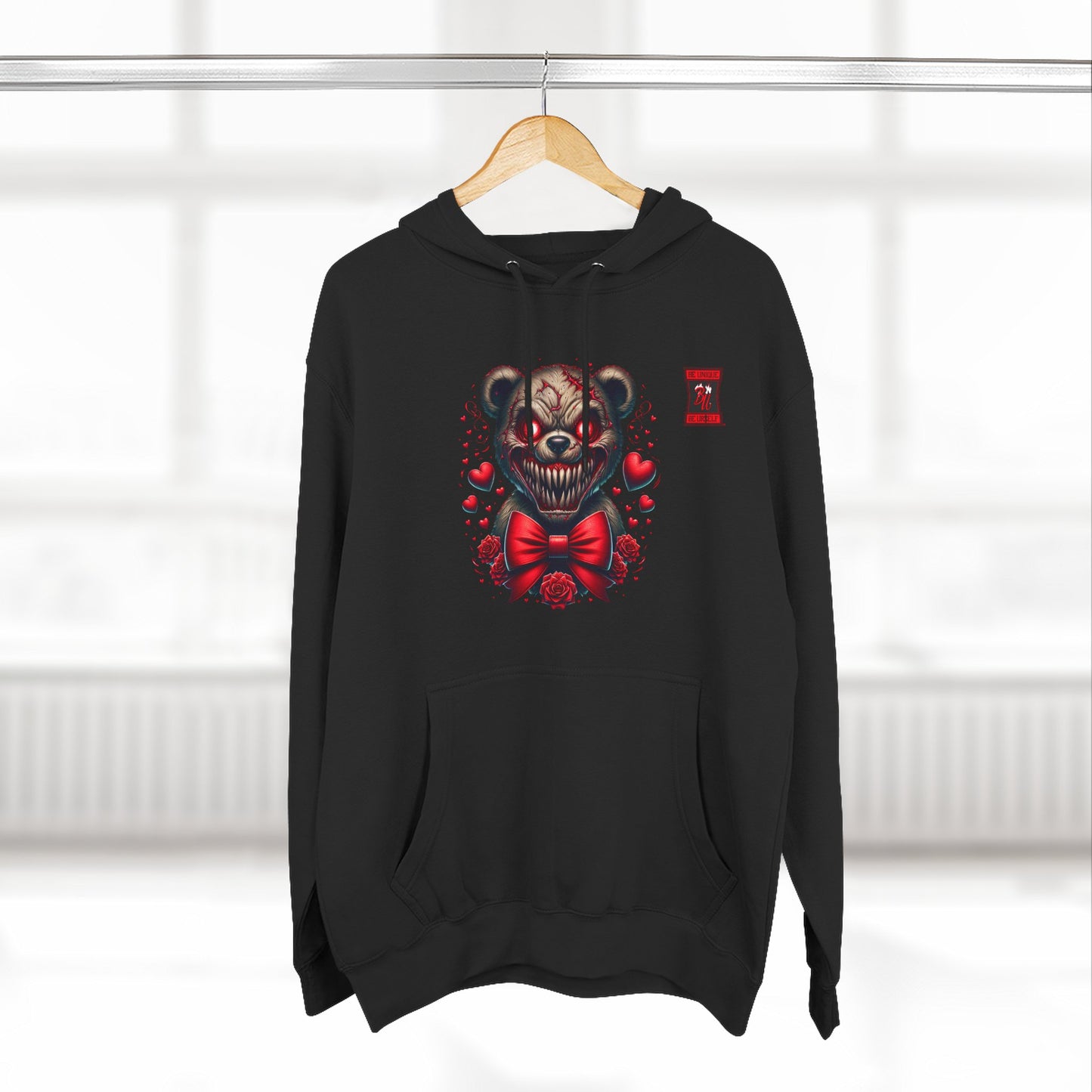 Horror Bear Graphic Hoodie — "Be Unique, Be Urself" Red & Black Fleece Hoodie