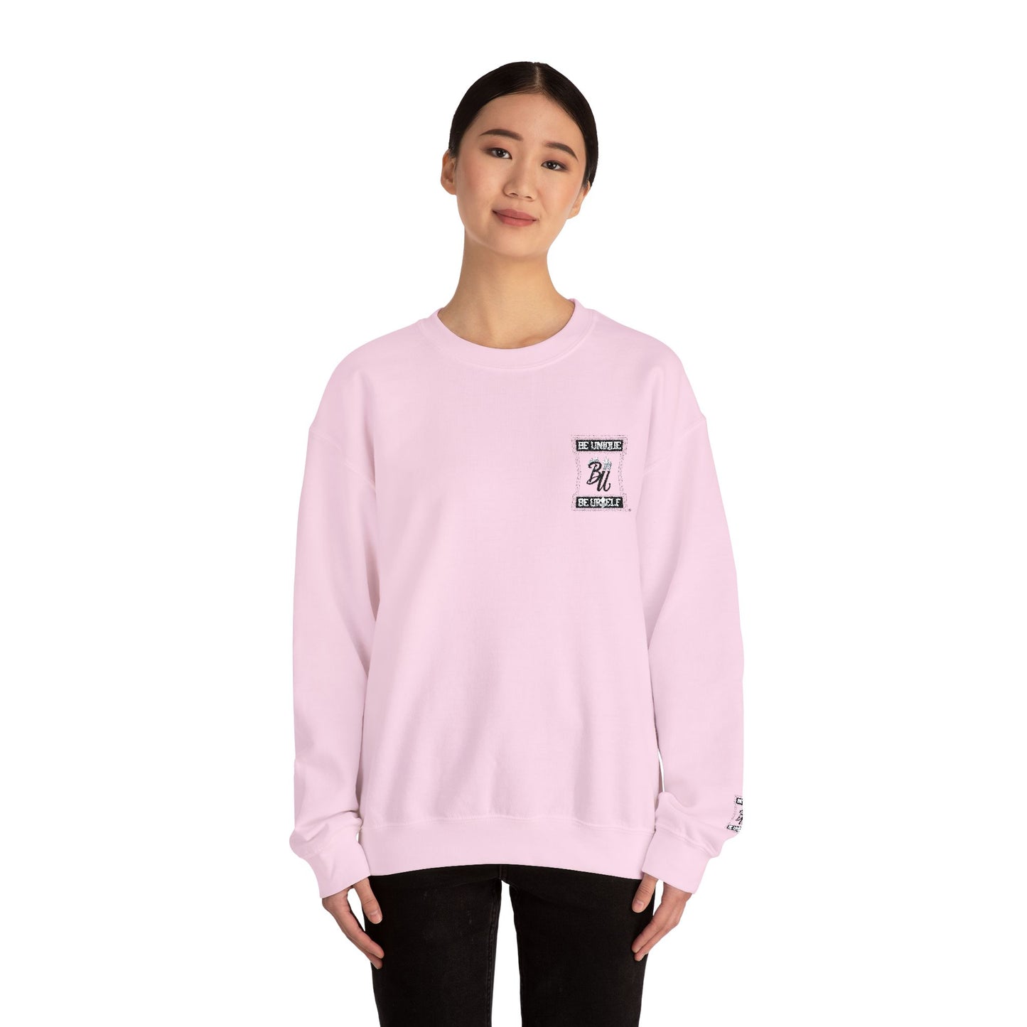 Minimalist White Crewneck Sweatshirt with Small Chest & Sleeve Graphic