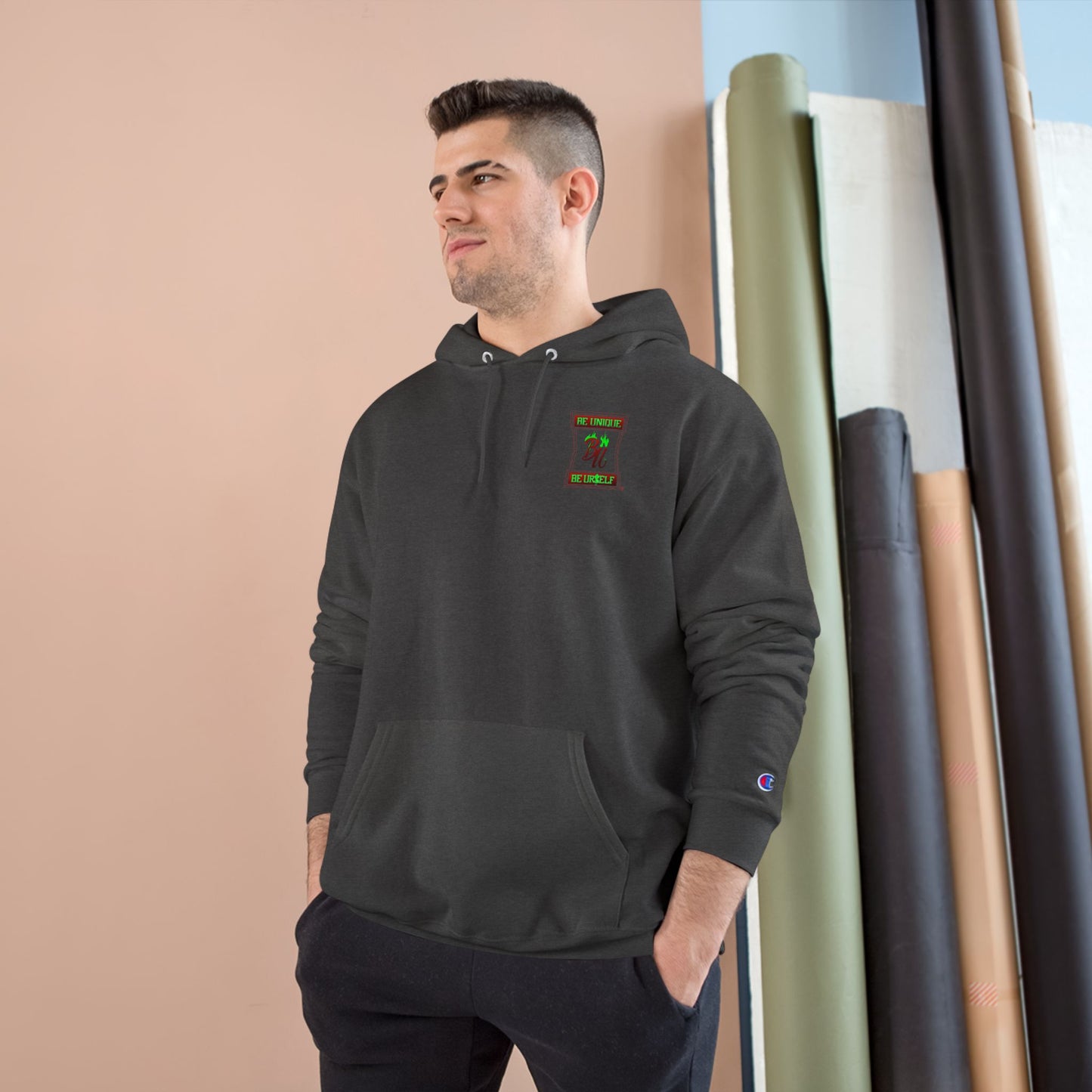 Champion Hoodie — "Be Unique, Be Urself" Graphic Pullover
